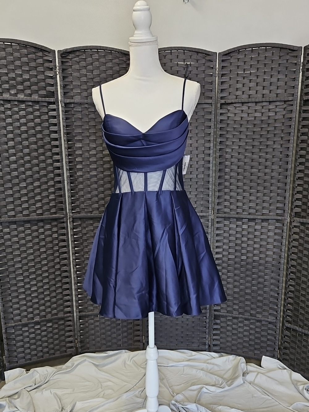 Blondie Nites Navy Satin Mini Dress with Sheer Corset